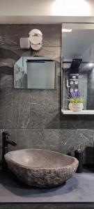 a bathroom with a stone sink and a mirror at Apartman Maksimir Rebro Jordanovac Luka in Zagreb