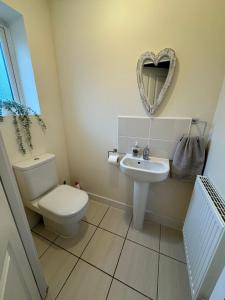 a bathroom with a toilet and a sink and a mirror at ane in Peterborough