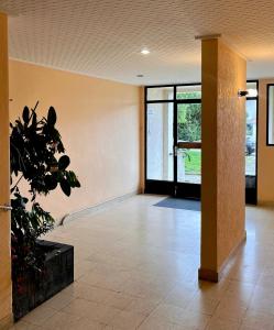 a lobby with a potted plant and an open door at Le Cosy, charmant studio in Feyzin