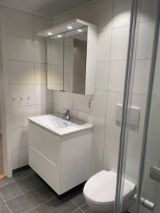 a bathroom with a toilet and a sink and a mirror at Helt ny leilighet med flott beliggenhet nært havet in Tromsø
