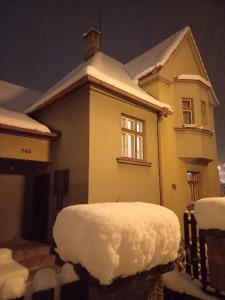 una casa coperta di neve di fronte a una casa di Villa Oliva a Cesky Krumlov