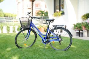 una bici blu parcheggiata nell'erba in un cortile di Junior Family Hotel a Cavallino-Treporti