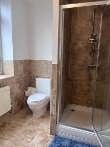 a bathroom with a toilet and a shower at Westend Villas in Leicester