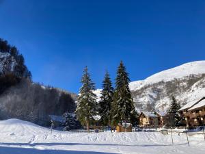 een met sneeuw bedekte berg met bomen en een lodge bij Carène in Valloire