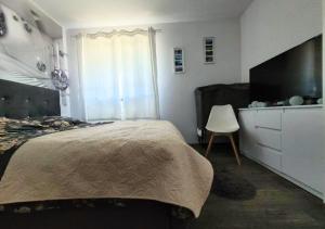 1 dormitorio con 1 cama, vestidor y silla en Apartament Oaza Spokojna 24 en Wisła