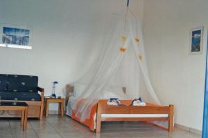 a bedroom with a bed with a mosquito net at Studios Avra in Akhladherí