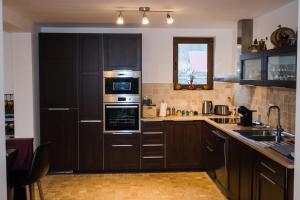 une cuisine avec des armoires et des appareils brun foncé dans l'établissement Villa Santha, à Cheia