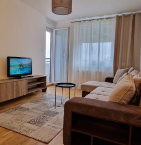 uma sala de estar com um sofá e uma televisão em Portovaradin em Petrovaradin