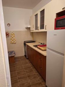 a kitchen with a white refrigerator and a sink at Gvadányi Rezidencia in Budapest