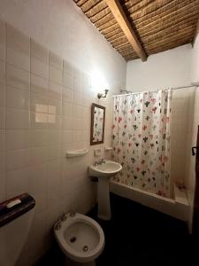 een badkamer met een toilet en een douchegordijn bij Casa Los Membrillos in Tafí del Valle