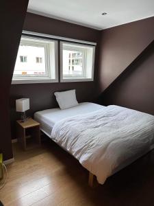 a bedroom with a large bed with two windows at BraMy Apartments The Penthouse in Tromsø