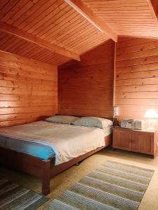 ein Schlafzimmer mit einem Bett in einem Holzzimmer in der Unterkunft Chata U Svahu in Němčičky