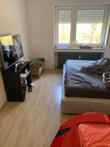 - une chambre avec un lit, une commode et 2 fenêtres dans l'établissement Schöne Eigentumswohnung mit zwei Schlafzimmern ., à Biberach an der Riß