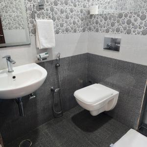 a bathroom with a toilet and a sink at Riyavar Luxury Homestay in Siddapur