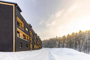 un edificio en la nieve en una carretera nevada en Horem Dolem Apartmán en Cerny Dul