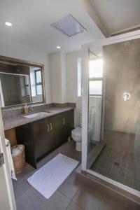 Un baño con ducha, lavabo e inodoro. en 29 eastpoint@pointwaterfront, en Durban