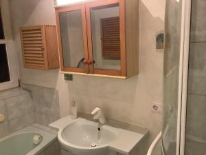 een badkamer met een wastafel, een toilet en een douche bij Ferienwohnung Schader in Prien am Chiemsee