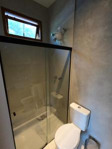 ein Bad mit einem WC, einer Dusche und einem Fenster in der Unterkunft Pousada Manacá Exclusive Suítes in Rifaina