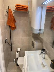een badkamer met een wastafel, een toilet en een spiegel bij Apartment in Vilnius in Vilnius