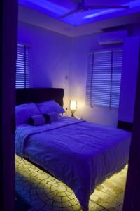a purple bedroom with a bed with a blue light at The Grenadines Apartment in Lagos