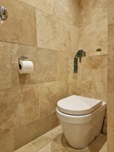 a bathroom with a toilet and a roll of toilet paper at 3 bedroom flat near Russel Sq in London