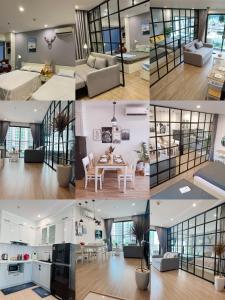 een collage van foto's van een woonkamer en een keuken bij Sora House 3 - Vinhomes Ocean Park in Hanoi