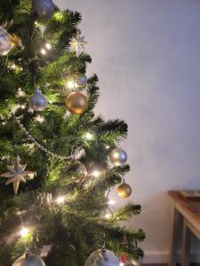 un arbre de Noël avec des ornements de Noël dans l'établissement Cottage by the river in Cenarth with fishing and Wifi, à Cenarth