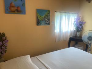um quarto com uma cama branca e uma janela em Hostel Julieta em Rivas