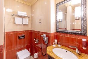 a bathroom with a sink and a mirror and a toilet at Grandhotel Zvon in České Budějovice