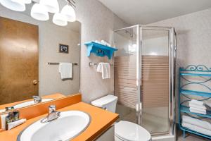 a bathroom with a sink and a shower at Sunny, Spacious & Pet Friendly - Creekside #39 in Bear Valley