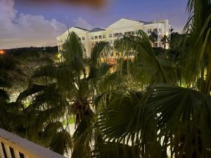 a view from the balcony of a hotel with palm trees at Vacation Village in Weston