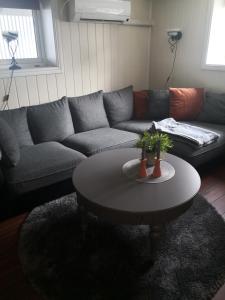 a living room with a couch and a coffee table at Studioleilighet i kjeller ved stranden og hvalsenter NB Må vaskes etter endt leie eller betale rengjøringshjelpen 500 kr in Andenes