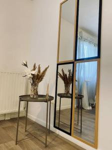 un espejo y una mesa con un jarrón. en Charmant T2 moderne /proximité CDG / Confort, en Villepinte
