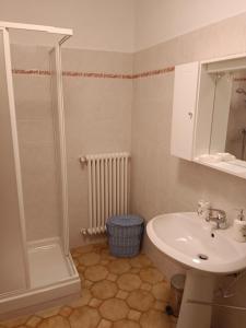 La salle de bains est pourvue d'un lavabo et d'une douche. dans l'établissement Terrace Home, à Saint-Vincent