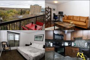 un collage de fotos de una sala de estar y un balcón en Cambridge 2 BR king gym Near Uni RUH City H en Saskatoon