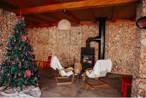 een woonkamer met een kerstboom en een open haard bij Bikeaway Guesthouse in Kereki