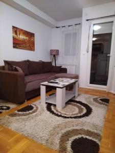 ein Wohnzimmer mit einem Sofa und einem Tisch in der Unterkunft Apartman Nika in Kragujevac