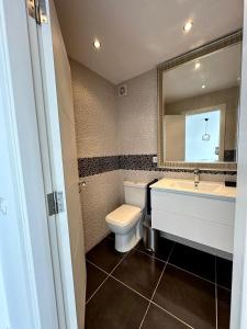 a bathroom with a toilet and a sink and a mirror at Achacay View Apartment in Los Cristianos