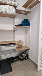 a walk in closet with shelves and a vase at Lovely apartment in City Center in Timişoara