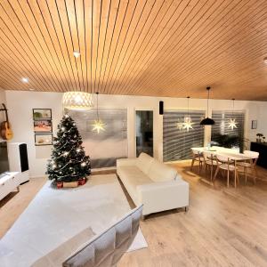 a living room with a christmas tree and a couch at Gorgeous Arctic Lodge in Rovaniemi
