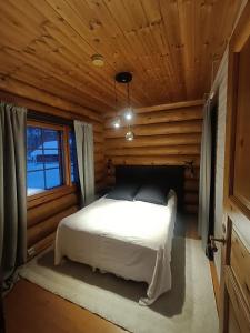 een slaapkamer met een bed in een blokhut bij Riverside Villa in Rovaniemi