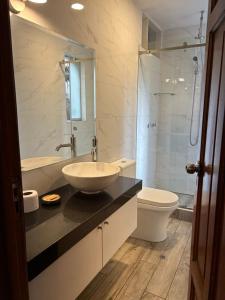 a bathroom with a sink and a toilet and a shower at Luxury Apartment Barranco Malecon in Lima