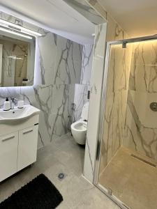 a bathroom with a shower and a sink and a toilet at City Centre Apartment in Patra