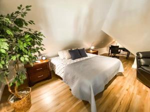 um quarto com uma cama e um vaso de plantas em Custom Dream home, loft/porch, trendy neighborhood em Colorado Springs