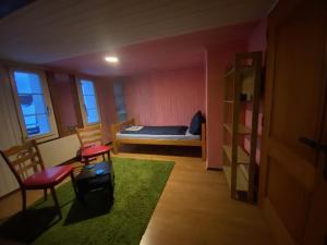 a bedroom with a bed and two chairs and a green rug at Sonderbar Home in Schwyz