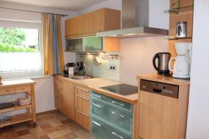 a kitchen with wooden cabinets and a counter top at Ferienwohnung Stuibenfall in Jerzens