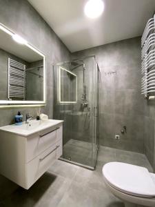 een badkamer met een douche, een toilet en een wastafel bij Apartamenty Przemyśl BG in Przemyśl