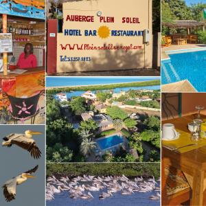 eine Zusammenstellung von Fotos mit einer Hotelbar und einem Resort in der Unterkunft Auberge Plein Soleil in Mbodiène