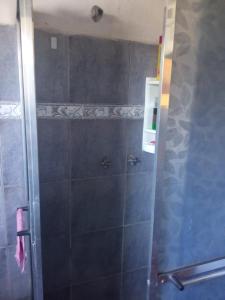 baño con ducha y puerta de cristal en Arcadio Hostel Punta del Diablo en Punta Del Diablo