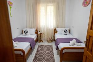 a small room with two beds and a window at Panoramic View House in Tepelenë